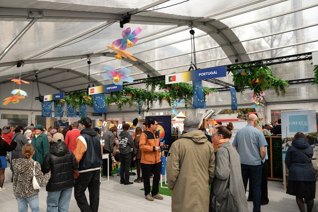 crowded trade show booth
